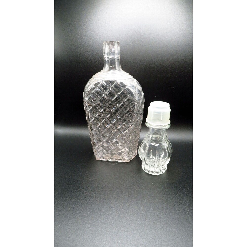 Vintage Glass Lot Diamond Point Whiskey Flask and Ribbed Apothecary Jar with Cap